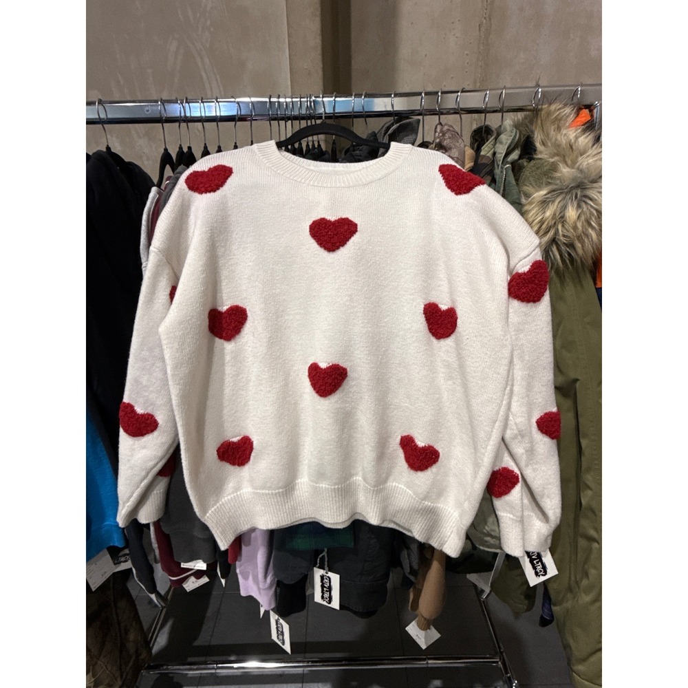 Ivory White Red Heart Textured Knit Sweater XXL Crewneck‎ Pullover